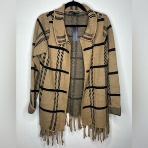 NWT Sweater Cardigan Medium Caramel Brown Adrienne Vittadini Plaid Knit Fringe